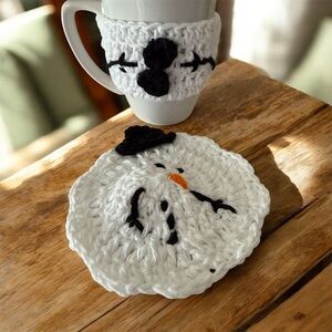Winter Holiday Handmade Snowman Coaster and Mug Warmer Set